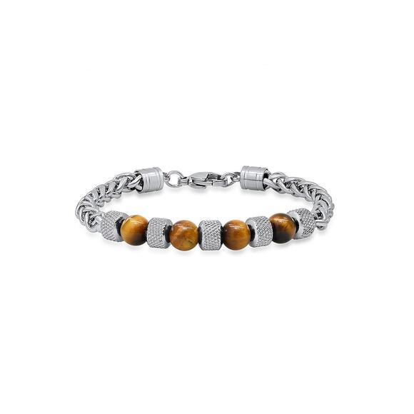 STEELTIME Men's Stainless Steel Wheat Chain Tiger Eye Beads Bracelet NEW - Picture 1 of 7